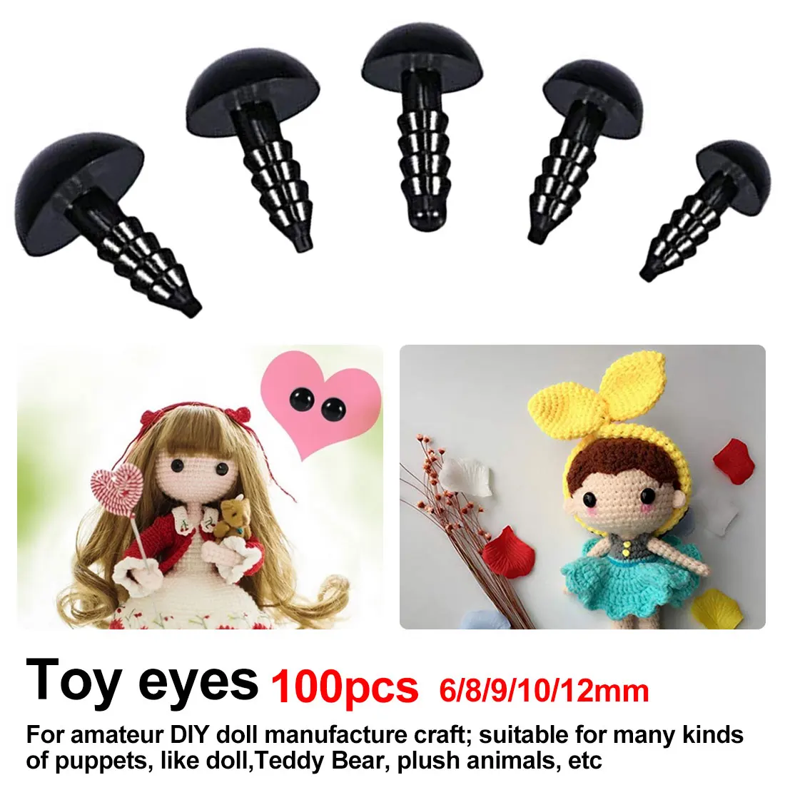 100pcs 6-12mm Black Plastic Crafts Safety Eyes for Soft Toy Animal Doll Amigurumi DIY Accessories