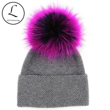 Новинка зимы, шапки-унисекс из меха енота с помпонами, шерстяная шапка, вязаная шапка Skullies, модная женская вязаная шапка, зимняя женская шапка