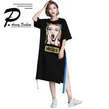 Летняя однотонная хлопковая длинная футболка с рисунком для девочек, большие размеры, с короткими рукавами, с круглым вырезом, пуловер, футболка