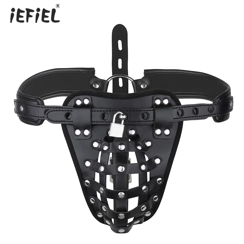 IEFiEL Мужское нижнее белье для геев PU кожаная корзина jockstrap G-String Нижнее белье Целомудрие выпуклость сумка сексуальные трусы с открытой промежностью с замками