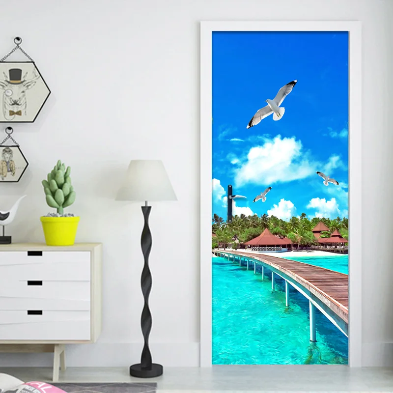 

Mediterranean Seascape Mural Wallpaper Living Room Bedroom Creative Home Decor Door Sticker PVC Waterproof Vinyl Door Wall Paper