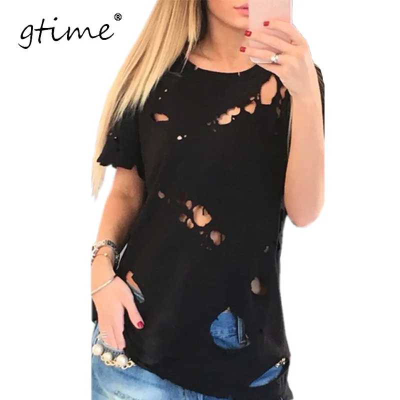 Gtime Прямая поставка Летняя футболка с дырками Женская мода Черный ...