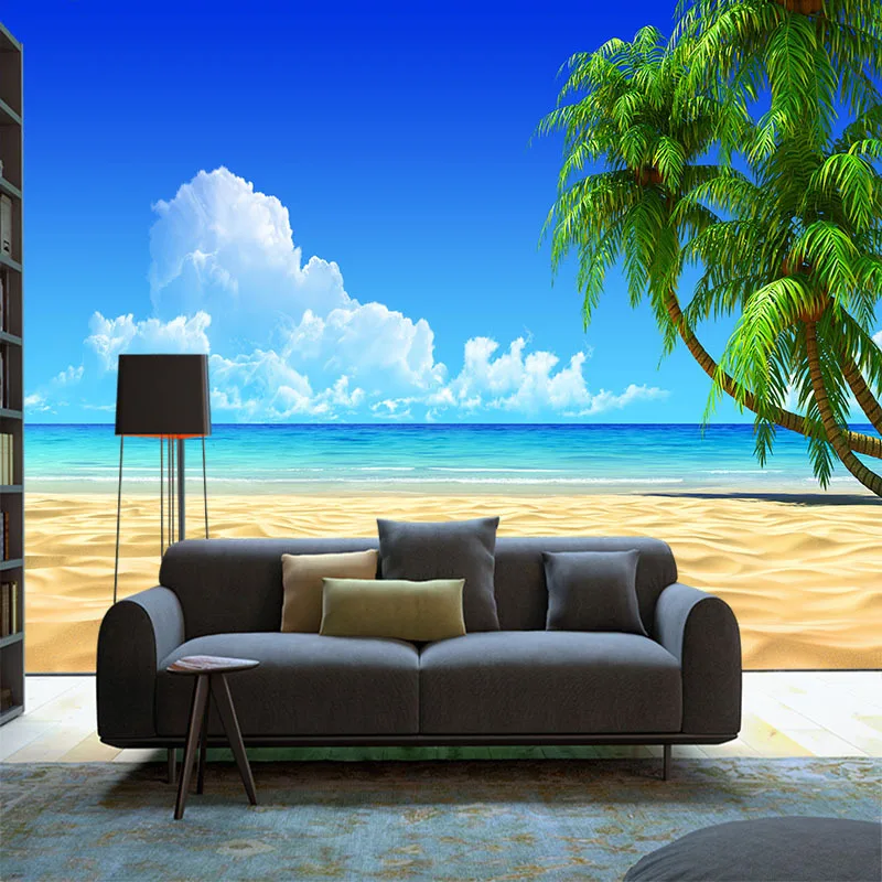 3d пространство HD пейзаж Фреска синее небо море с белыми облаками зеленый кокосовое дерево тропические обои для дома Настенный декор