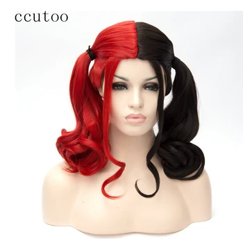 

ccutoo Batman Suicide Squad Harley Quinn 45cm Half Red and Black Curly Synthetic Cosplay Wig For Costume Halloween Party