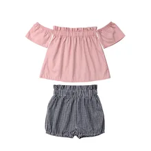 Baby Girls Off Shoulder Short Sleeve Tops Striped Shorts Briefs 2Pcs Outfit Set Clothes Summer 2019 girls off shoulder flounce sleeve striped top