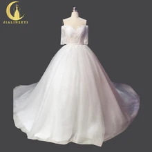 Rhine Real Sample Image Sexy Boat Neck Half Sleeves Ball Gown Long Train vestido de noiva New Bridal Wedding Gown