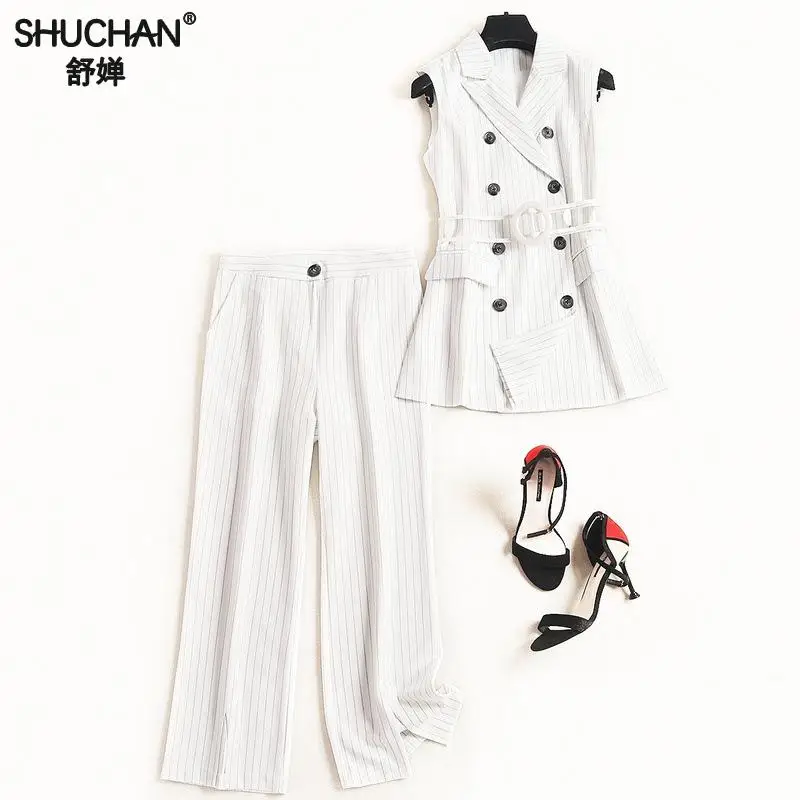 

Shuchan Fashion Wihte Striped Women's Suit Vest + Calf-length Pants 2019 Summer Clothes For Women Office Lady Double Breasted