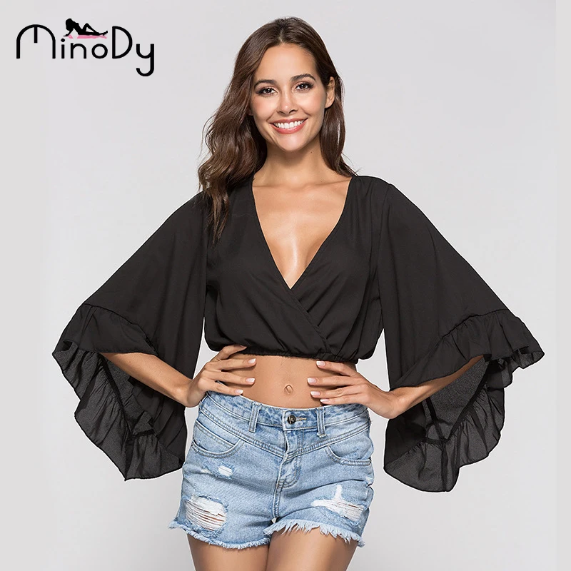 Minody Women Blouse Crop Top Sexy Deep V Neck Black White Wrap Top