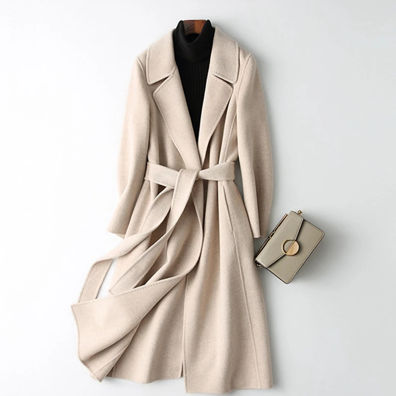 

Encaje 2019Women Fall Winter new Fashion Solid Real wool Jacket Lady long Style Pocket leisure CoatFemale WLP255