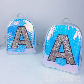 

2020 Hologram laser Fish scale small backpack travel women luxury glitter Sequin Letter A school bag for teenager girls M1362
