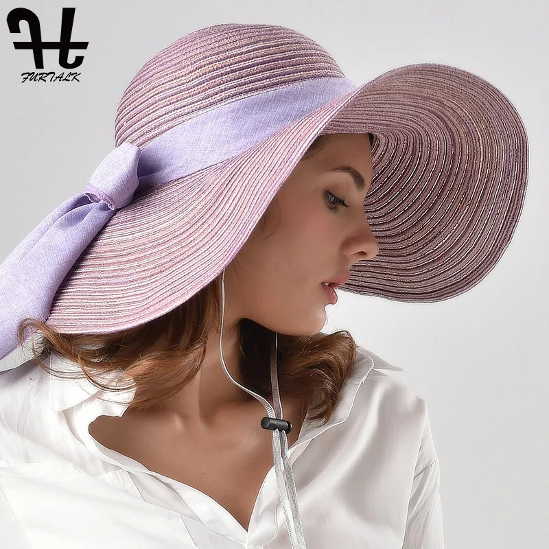 FURTALK قبعة صيفية للنساء القش قبعة مع طوق شريطي واسعة بريم طوي نشمر قبعة الشمس الإناث UPF 50 + الأشعة فوق البنفسجية حماية شاطئ كاب