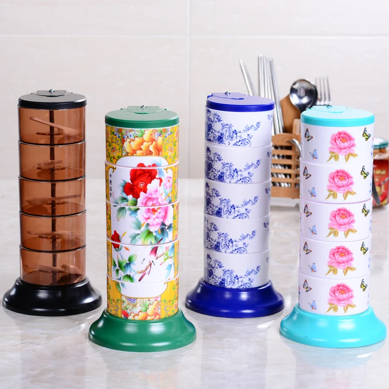 

5 Box Plastic Seasoning Jar Set Salt Bottle Pepper Box Dish Sugar Pot Kithchen Spice Container Condiments Rack Food Storage box