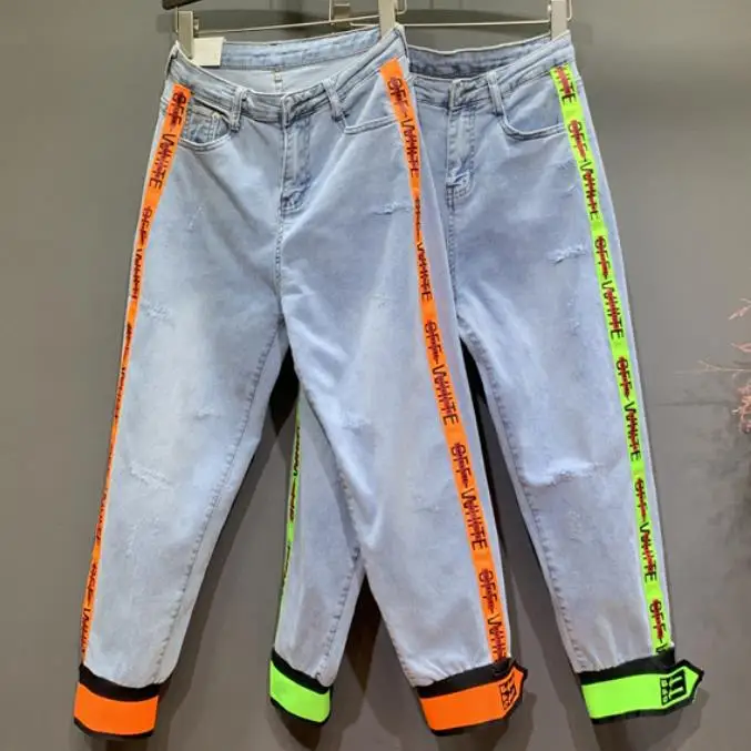 

2019 summer casual jeans side stripe letter women high waist loose fashion harem jeans ankle length plus size 26-31