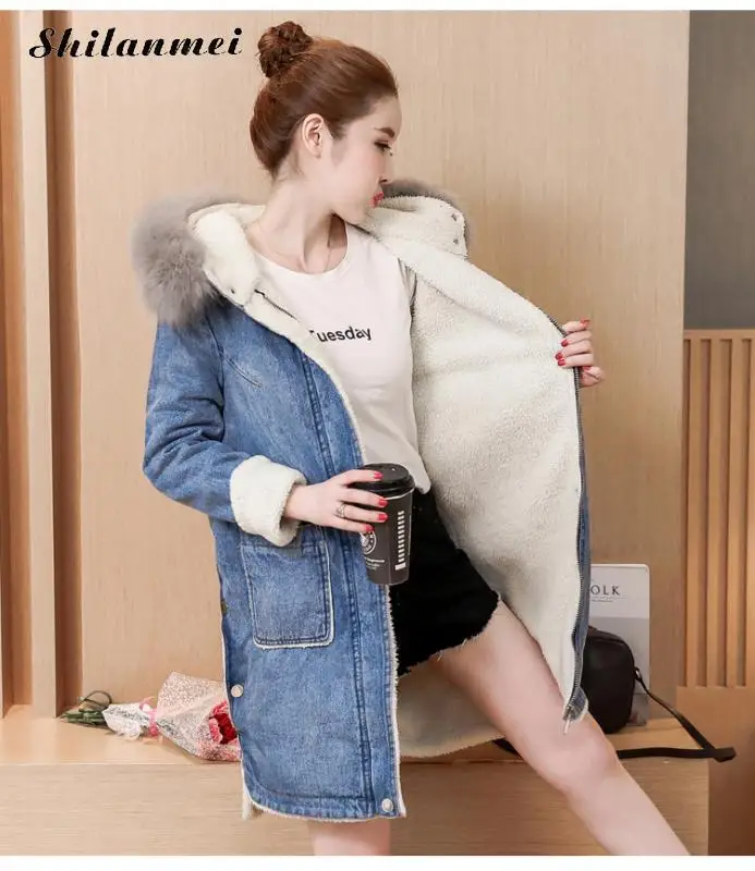 Faux Femmes Long De Et Veste Agneau À Manteau Femelle Rembourré Jean Survêtement D'hiver Fourrure Denim Polaire Chaud Capuche Épais Col hdQCrts