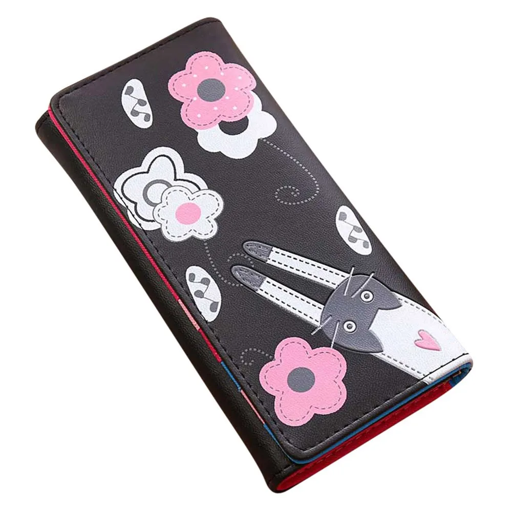 

Women Cat Flowers Pattern Hasp Coin Purse Long Wallet Card Holders Handbag Solid Color Card Bags Long Female Purse Top Quality