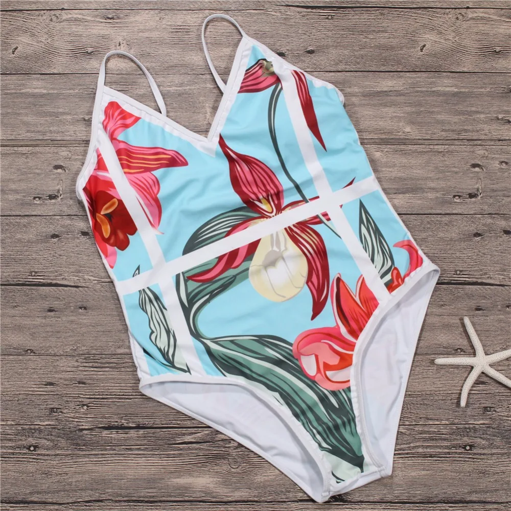 

New One Piece Swimsuit sexy 2018 swimwear women one piece floral print Strip bandage Bodysuit Push Up Padded Monokini bikini