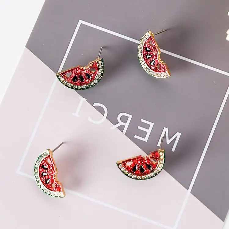 

S925 Silver Colored Diamonds Watermelon Left And Right Asymmetric Mini Fruit Cute College Wind Ear Jewelry Earrings For Women