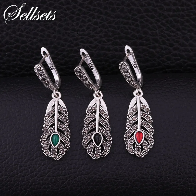 Sellsets New Vintage Silver Color Feather Earring Black CZ Rhinestone Dangle Drop Earrings Women Jewelry Party Gift