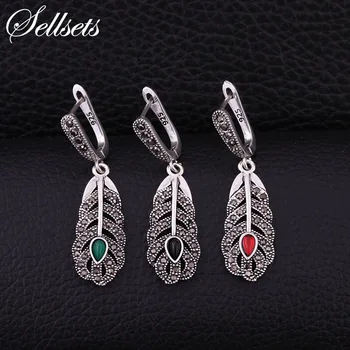 

Sellsets New Vintage Silver Color Feather Earring Black CZ Rhinestone Dangle Drop Earrings Women Jewelry Party Gift 2018