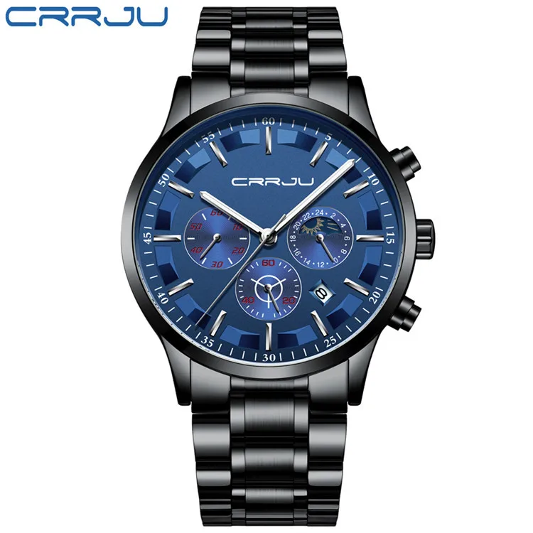 CRRJU мужские часы Топ бренд Роскошные Модные Бизнес Кварцевые часы мужские спортивные полностью стальные водонепроницаемые черные часы Relogio Masculino - Цвет: S Black Blue
