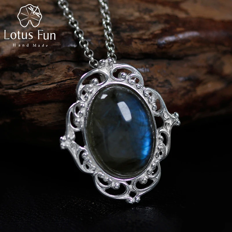 Lotus Fun Real 925 Sterling Silver Natural Labradorite Handmade Fine Jewelry Vintage Pendant without Necklace Women Acessorios