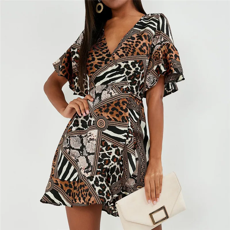 

Summer Women Dresses 2019 Sexy Leopard Snake Print Zebra Striped Patchwork Dress Chiffon Beach Dress V-neck Ruffles Party Dress