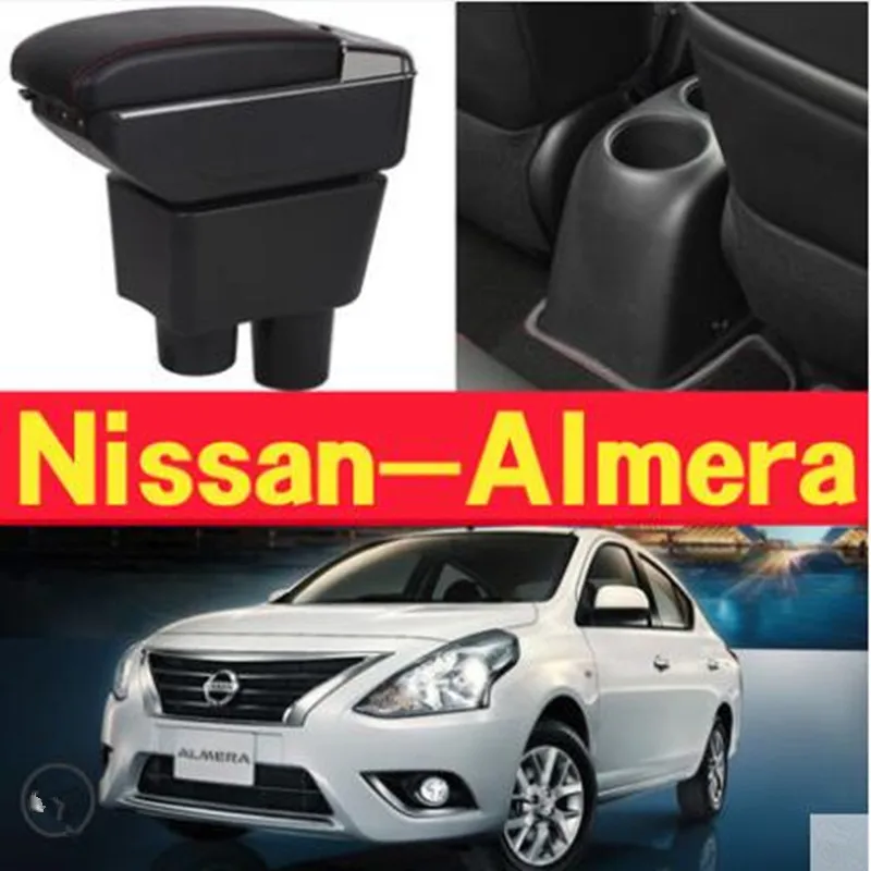 

For nissan almera armrest box USB Charging heighten Double layer central Store content cup holder ashtray accessories