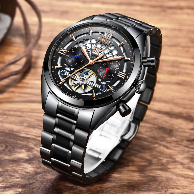 Mechanical Watch LIGE Top Brand Luxury Automatic Watch Male Leather Waterproof Sport Watch Men Business Wristwatch Montre Homme
