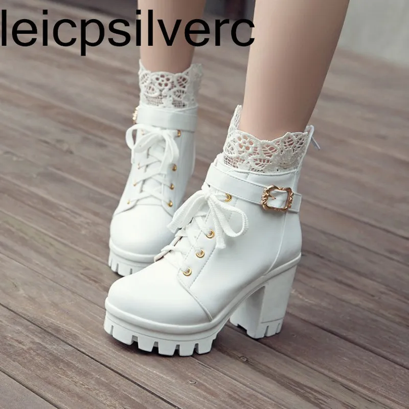 

Women's Boots Winter New High Heel Thick Heel Martin Boots Lace Waterproof Base Zip 2019 New Fashion Large Size34-43 White Black