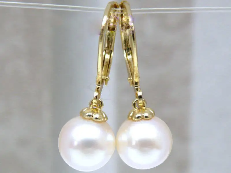 

free shipping EXCELLENT 7.6MM AAA+++ GRADE WHITE AKOYA PEARL DANGLE EARRING 14k/20