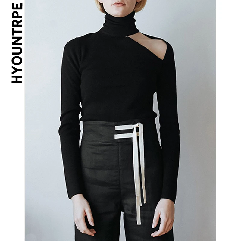 

Sexy One Shoulder Hollow Out Knitting Bodysuits Women Turtleneck Slim Long Sleeve Sweater Fashion Runway Knitted Jumper Playsuit