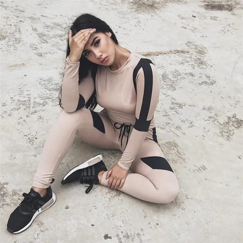 

Women's Sports Suits for Fitness Yoga Sets 2 Piece Long Sleeve Sports Top+Leggings Khaki Solid Color Women's Tracksuit Pants