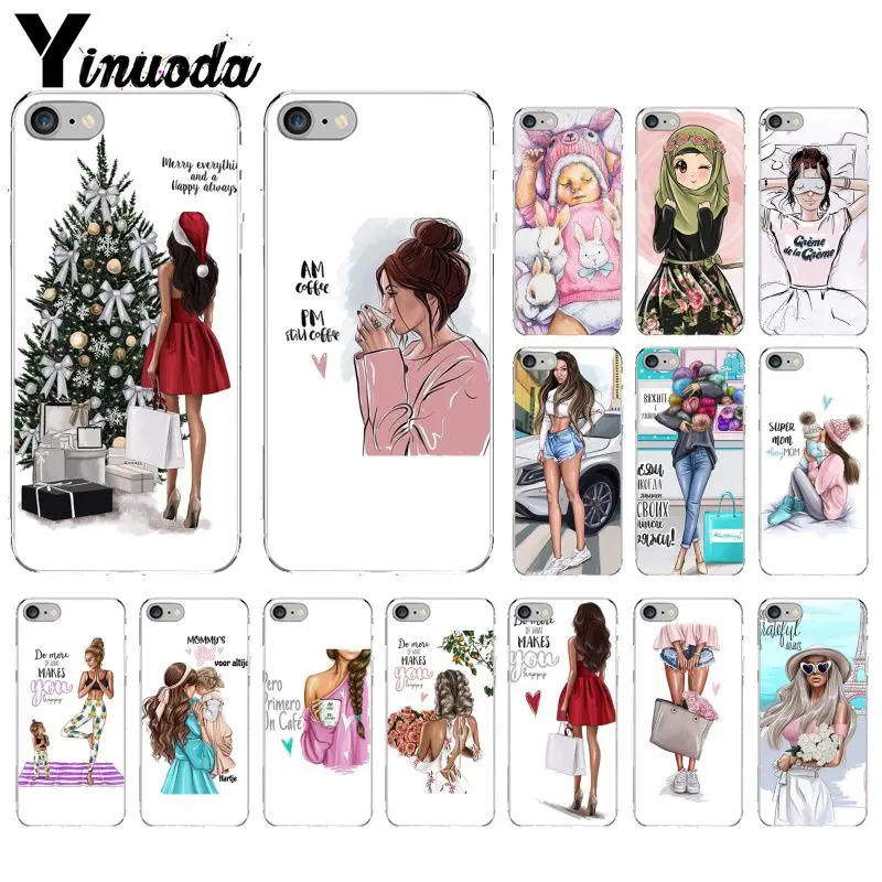 

Yinuoda Black Brown Hair Baby Mom Girl Queen Transparent Phone Cover for Apple iPhone 8 7 6 6S Plus X XS MAX 5 5S SE XR Cover