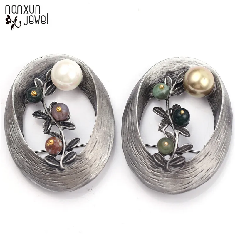 

Antique Silver Plated Flower Brooch Vintage Natural Stone simulated Pearl Badges Pins For Women Brooch in Clothes Jewelery Gift