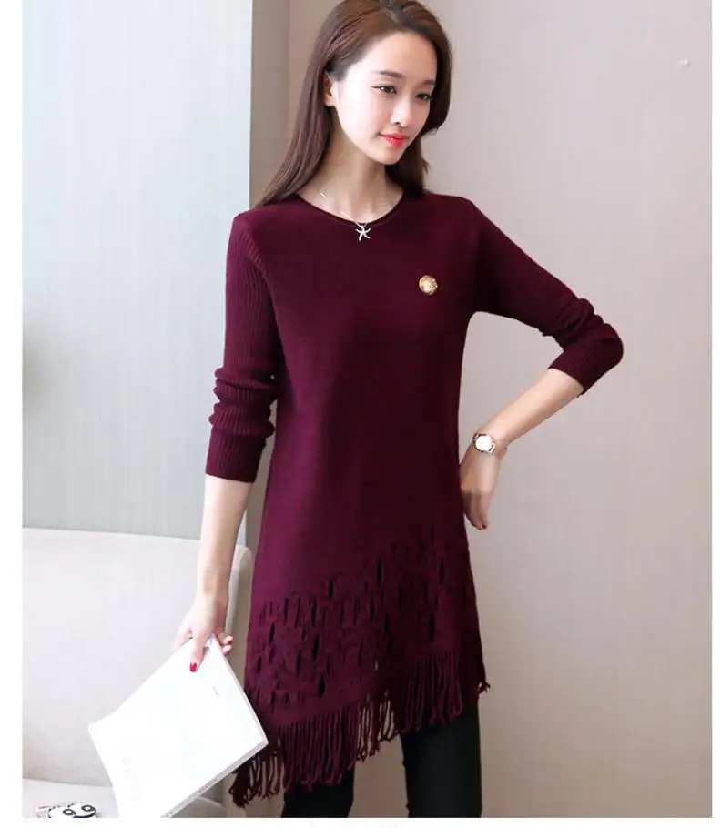 

Women's sweater 2019 winter jacket round neck long sweater women's pullover tassel knit sweater