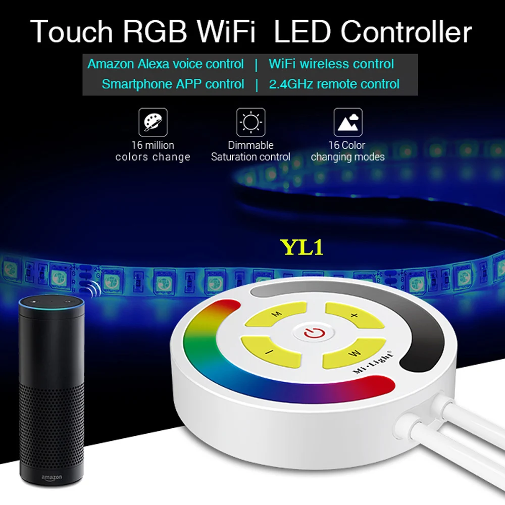 

MiLight Touch RGB WiFi LED Controller DC12-24V control by Amazon Alexa voice/2.4G remote/Smartphone APP for RGB LED Strip Light