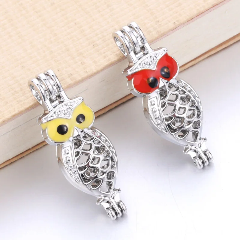 

6pcs Colored Enamel owl Pearl Beads Cage Essential Oil Diffuser Locket Pendant DIY Jewelry Making for Oyster Pearl Cage