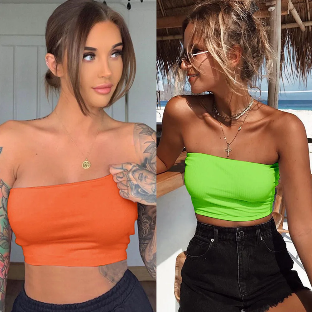 Women Neon Tube Top Bandeau Fringe Top Harvest Tartan Wrap Strapless Chest Tee Streetwear Bustier Sweater Summer Sexy Club Party