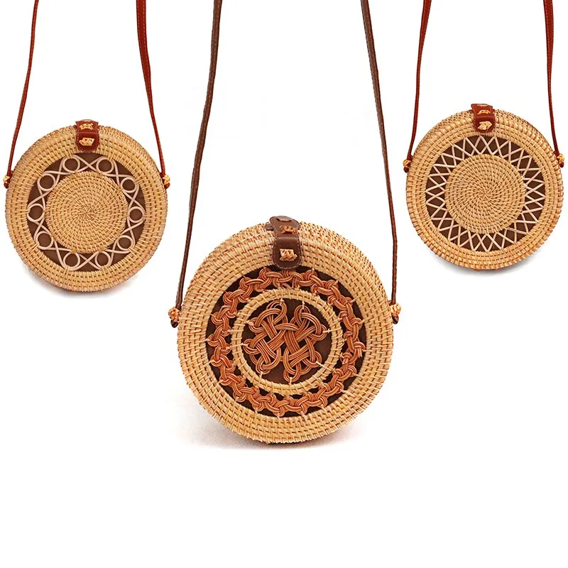 

Handwoven High Quality Round Rattan Crossbody Bag Storage Shoulder Tote Bag For Women Organizer Storage Case