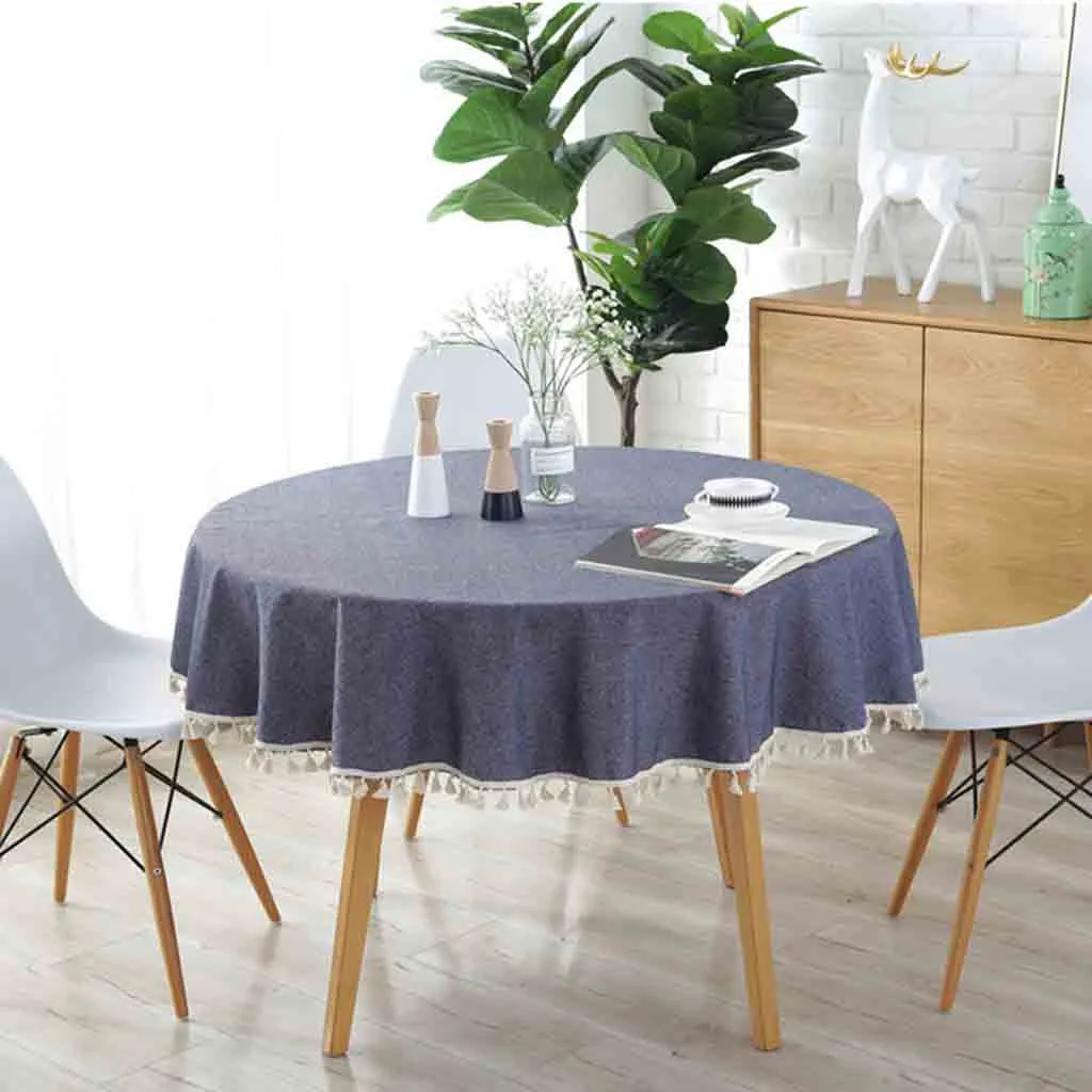  Japanese Simple Style Cotton Linen Round Solid Tablecloth With Tassel Dust Proof Table Cover for Ki