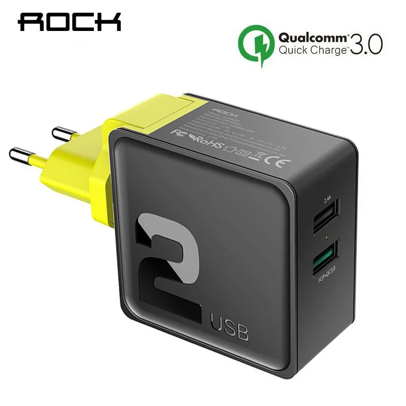 

QC 3.0 Phone Charger, ROCK Dual USB Wall Charger For iphone 8 X Xiaomi Samsung Huawei FCP 30W EU US Fast Charging Adapter