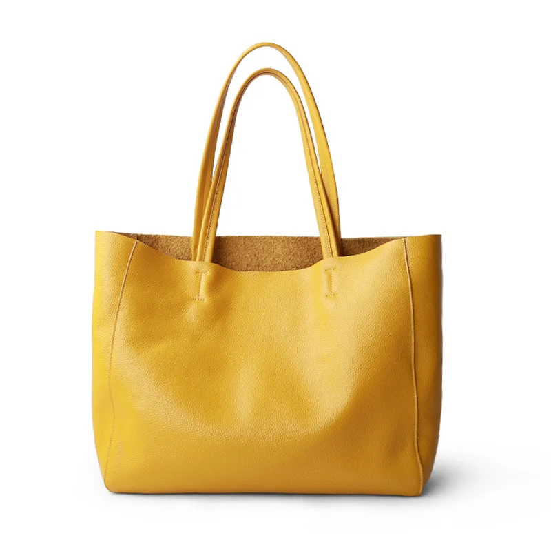 Women Luxury Bag Casual Tote Female Lemon Yellow Fashion Shoulder Handbag Lady Cowhide Genuine Leather Shoulder Shopping Bag