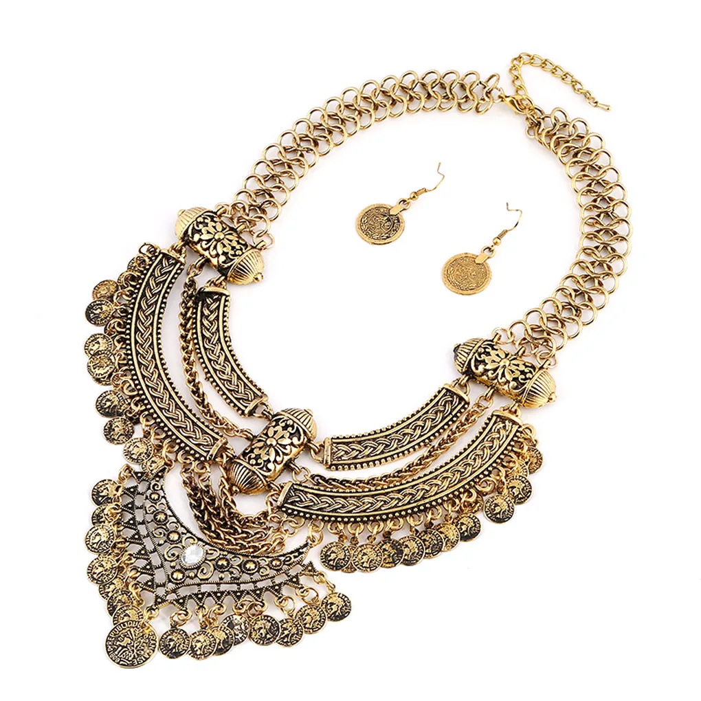 

Boho Tassel Coin Jewelry Set Choker Statement Chain Necklace + Earring Silver/Gold For Party