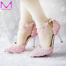 Rosa Spitze Blumen Brautkleid Schuhe Spitz High Heels Ankle Straps Schuhe 3 Farben Weiß/Rot/rosa Hochzeit Schuhe