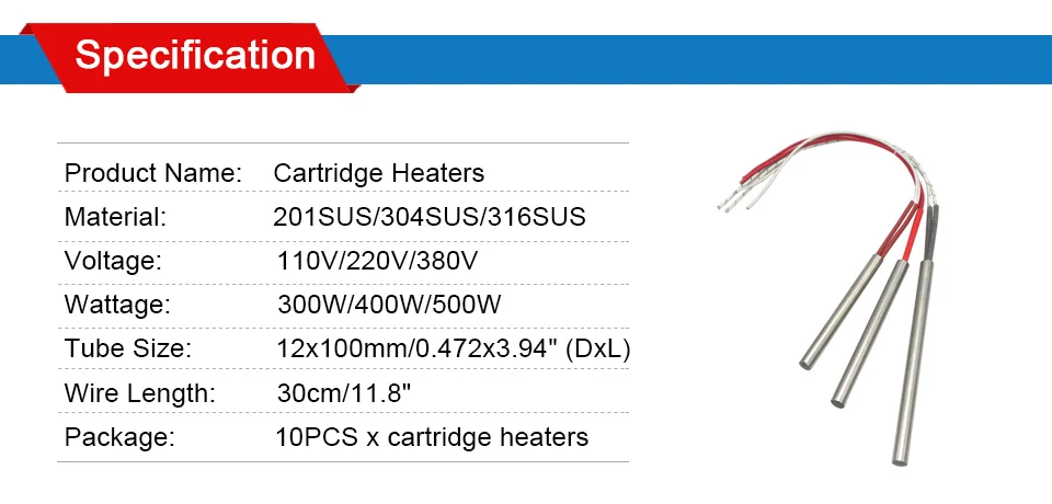LJXH 12x100mm трубки Нагревательный элемент AC110V/220 V/380 V один конец подогреватель картриджа 300 W/400 W/500 W 10 шт./лот