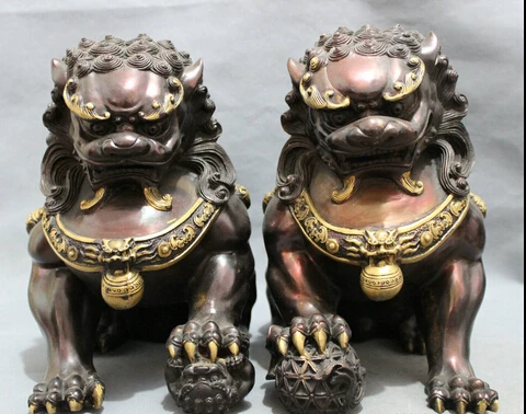 

bi002322 12" Chinese Pure Bronze Protect Wealth Foo Fu Dog Door Lion Ball Statue Pair