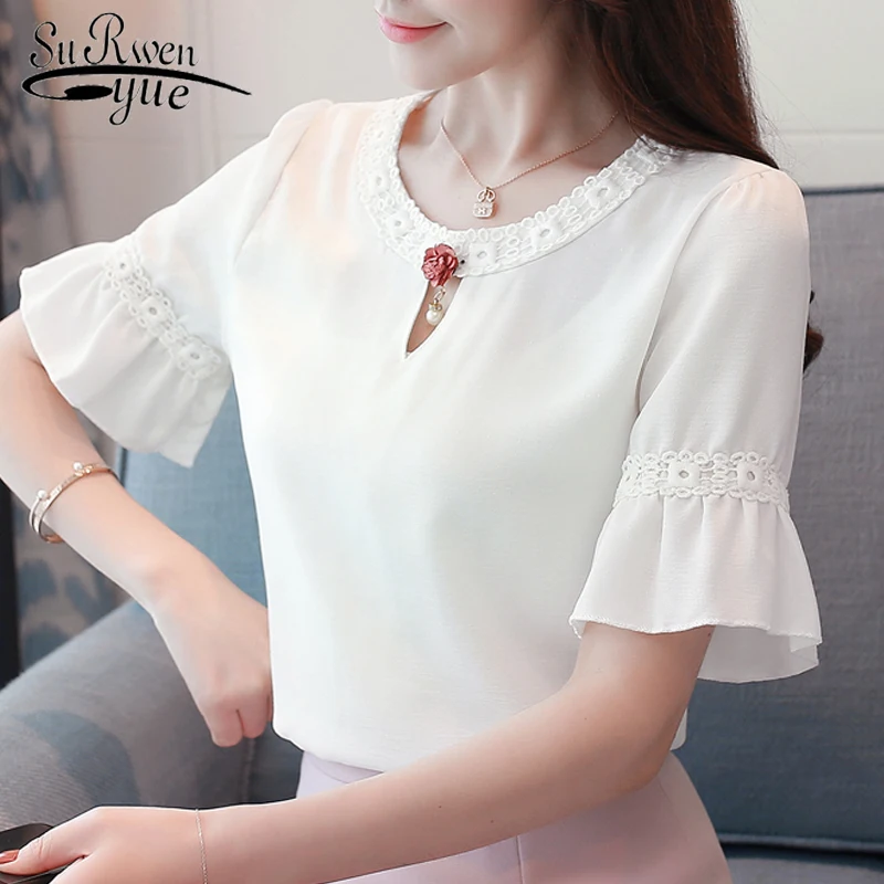 

2019 fashion white chiffon women blouse shirt tops short sleeve summer women tops chiffon blouse women's clothing blusas 0188 30