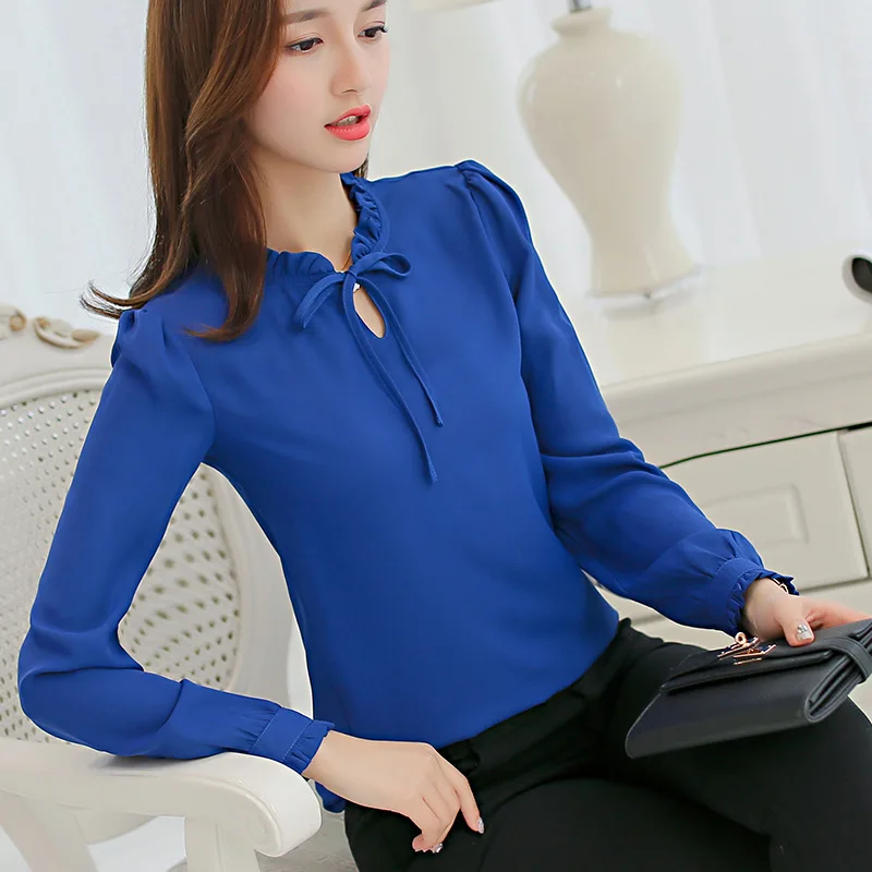 Элегантные женские топы в Корейском стиле Весна Женская белая рубашка с длинным рукавом черная рубашка уличная обтягивающая шифоновая блузка женская одежда - Цвет: 2-168 royal blue