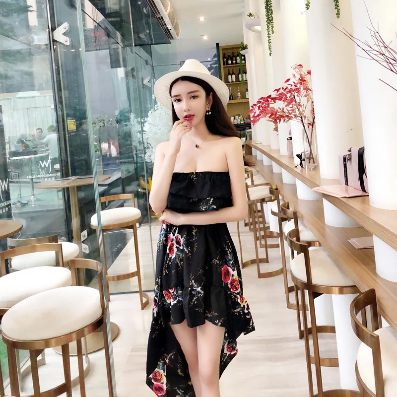 2018 New Summer Women's  Sexy  Printing  Ruffles Tops  Irregular Paty Dress Free Shipping