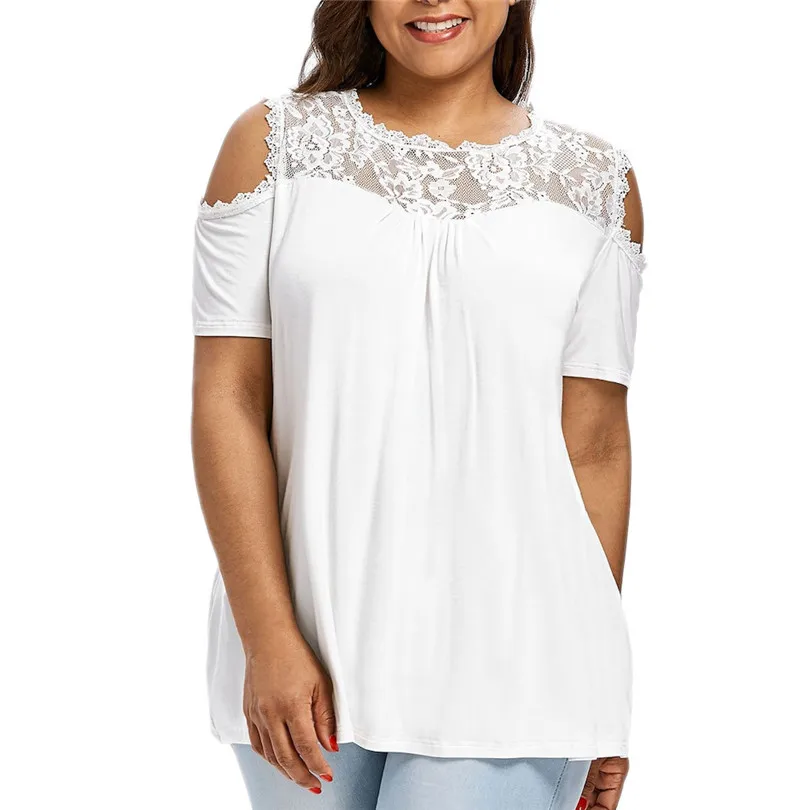 Plus Size New Fashion Women Winter Ladies Casual Daily  Cold Shoulder Strapless Lace Short Sleeve T-shirt Tops  #4F05 (8)